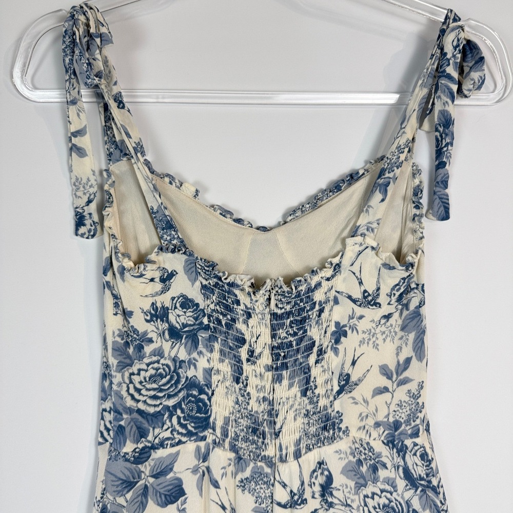 Reformation Juliette Dress Womens 6 Blue Wite Floral Bird Midi Tie Strap Smocked - Picture 5 of 14
